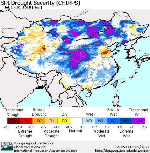China, Mongolia and Taiwan SPI Drought Severity (CHIRPS) Thematic Map For 7/1/2018 - 7/10/2018