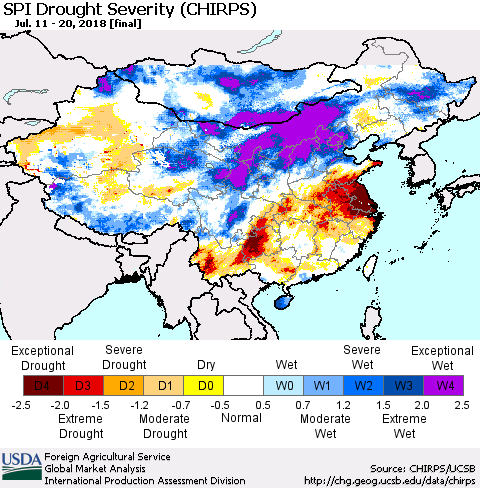 China, Mongolia and Taiwan SPI Drought Severity (CHIRPS) Thematic Map For 7/11/2018 - 7/20/2018