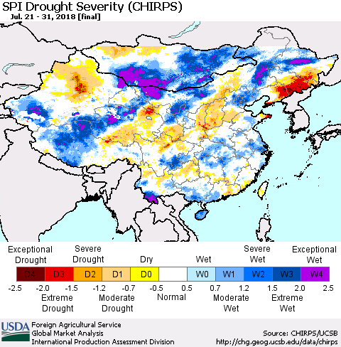 China, Mongolia and Taiwan SPI Drought Severity (CHIRPS) Thematic Map For 7/21/2018 - 7/31/2018