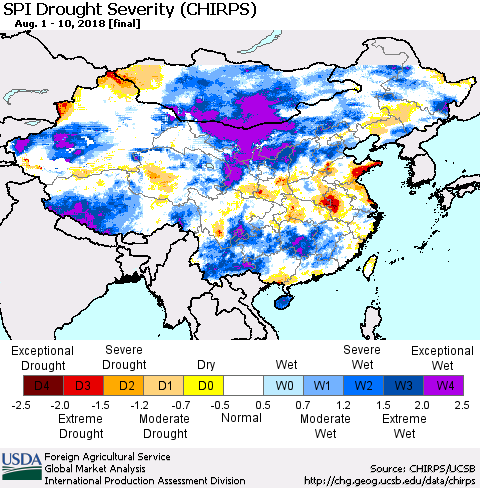 China, Mongolia and Taiwan SPI Drought Severity (CHIRPS) Thematic Map For 8/1/2018 - 8/10/2018