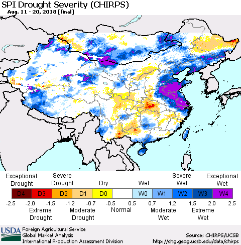China, Mongolia and Taiwan SPI Drought Severity (CHIRPS) Thematic Map For 8/11/2018 - 8/20/2018