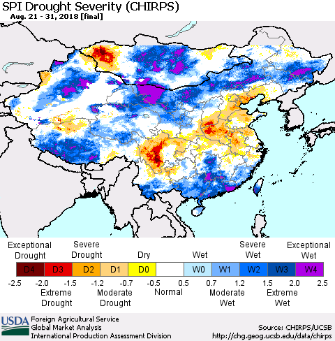 China, Mongolia and Taiwan SPI Drought Severity (CHIRPS) Thematic Map For 8/21/2018 - 8/31/2018