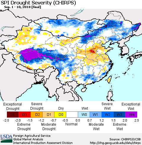 China and Taiwan SPI Drought Severity (CHIRPS) Thematic Map For 9/1/2018 - 9/10/2018