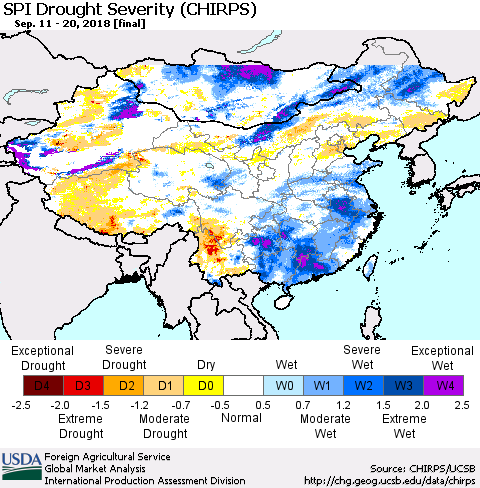 China and Taiwan SPI Drought Severity (CHIRPS) Thematic Map For 9/11/2018 - 9/20/2018