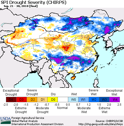 China, Mongolia and Taiwan SPI Drought Severity (CHIRPS) Thematic Map For 9/21/2018 - 9/30/2018