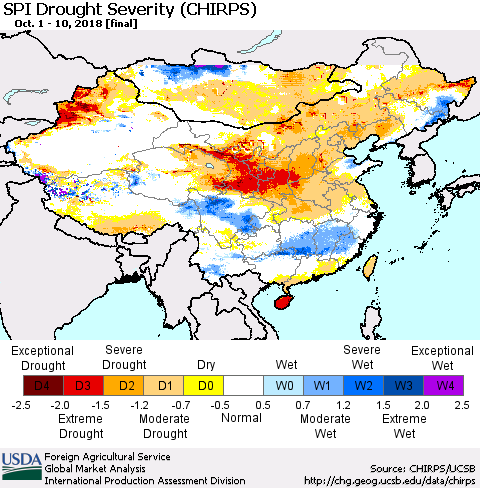 China and Taiwan SPI Drought Severity (CHIRPS) Thematic Map For 10/1/2018 - 10/10/2018