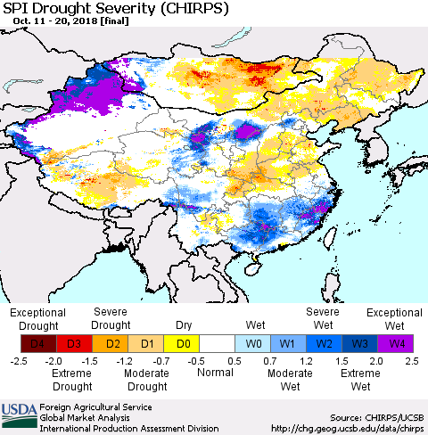 China and Taiwan SPI Drought Severity (CHIRPS) Thematic Map For 10/11/2018 - 10/20/2018