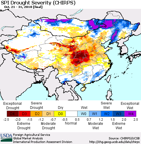 China and Taiwan SPI Drought Severity (CHIRPS) Thematic Map For 10/21/2018 - 10/31/2018