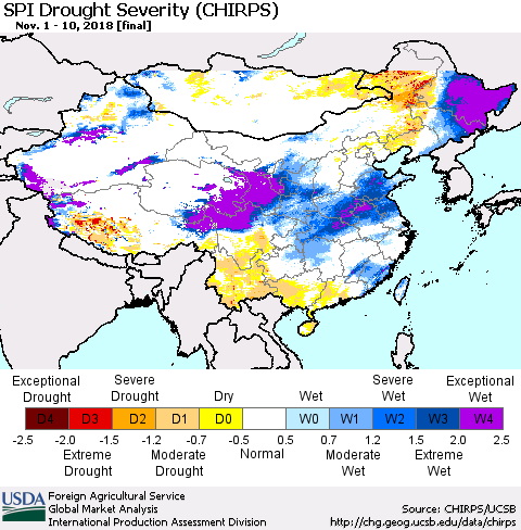 China and Taiwan SPI Drought Severity (CHIRPS) Thematic Map For 11/1/2018 - 11/10/2018
