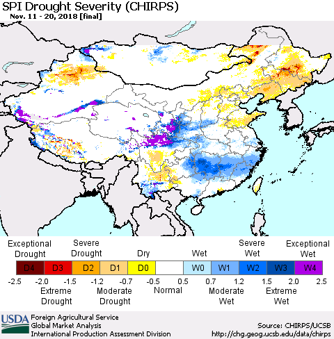 China and Taiwan SPI Drought Severity (CHIRPS) Thematic Map For 11/11/2018 - 11/20/2018