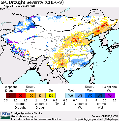 China, Mongolia and Taiwan SPI Drought Severity (CHIRPS) Thematic Map For 11/21/2018 - 11/30/2018