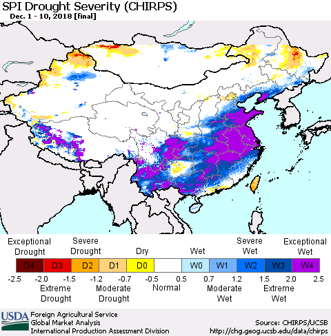 China, Mongolia and Taiwan SPI Drought Severity (CHIRPS) Thematic Map For 12/1/2018 - 12/10/2018