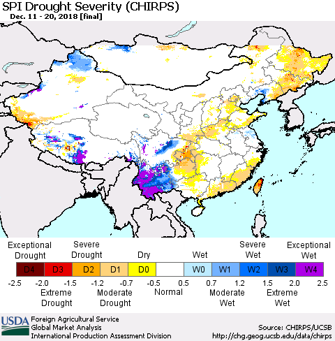 China and Taiwan SPI Drought Severity (CHIRPS) Thematic Map For 12/11/2018 - 12/20/2018