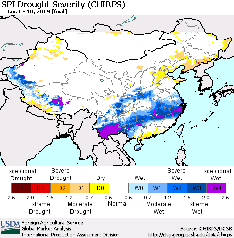 China and Taiwan SPI Drought Severity (CHIRPS) Thematic Map For 1/1/2019 - 1/10/2019