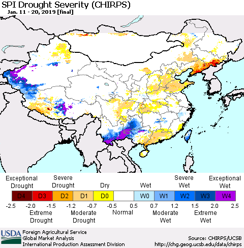 China, Mongolia and Taiwan SPI Drought Severity (CHIRPS) Thematic Map For 1/11/2019 - 1/20/2019