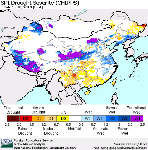 China and Taiwan SPI Drought Severity (CHIRPS) Thematic Map For 2/1/2019 - 2/10/2019