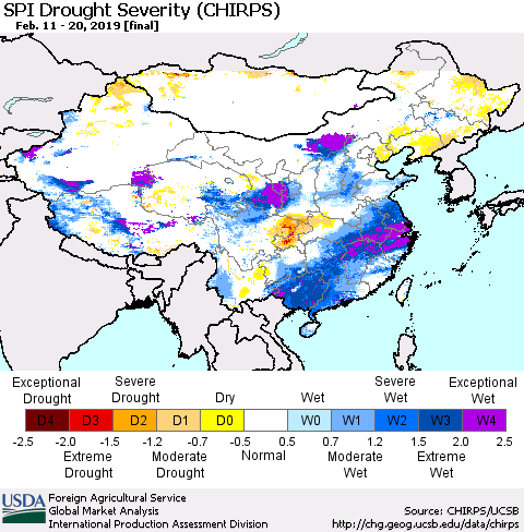 China and Taiwan SPI Drought Severity (CHIRPS) Thematic Map For 2/11/2019 - 2/20/2019