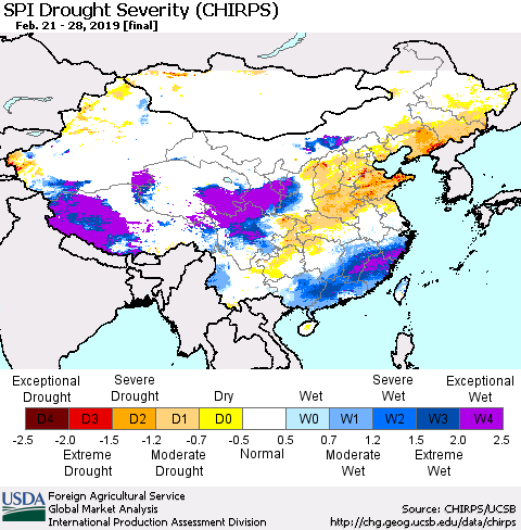 China and Taiwan SPI Drought Severity (CHIRPS) Thematic Map For 2/21/2019 - 2/28/2019