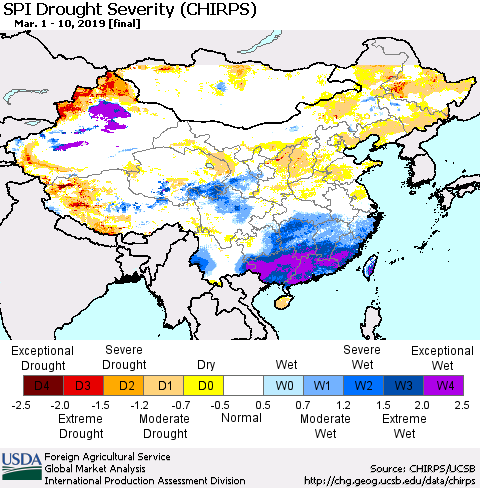 China and Taiwan SPI Drought Severity (CHIRPS) Thematic Map For 3/1/2019 - 3/10/2019