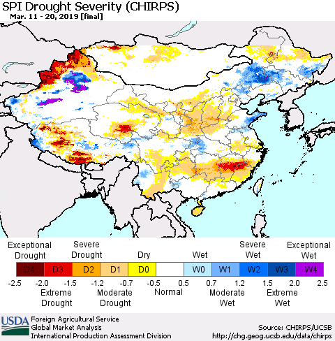 China, Mongolia and Taiwan SPI Drought Severity (CHIRPS) Thematic Map For 3/11/2019 - 3/20/2019