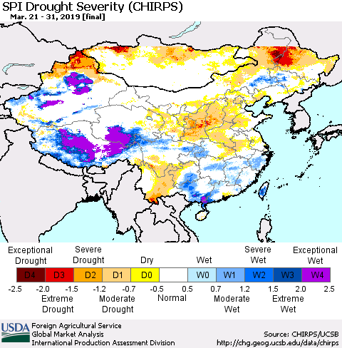 China and Taiwan SPI Drought Severity (CHIRPS) Thematic Map For 3/21/2019 - 3/31/2019