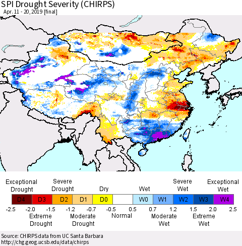 China and Taiwan SPI Drought Severity (CHIRPS) Thematic Map For 4/11/2019 - 4/20/2019