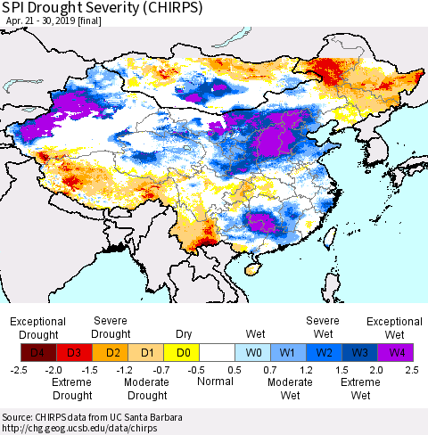 China and Taiwan SPI Drought Severity (CHIRPS) Thematic Map For 4/21/2019 - 4/30/2019