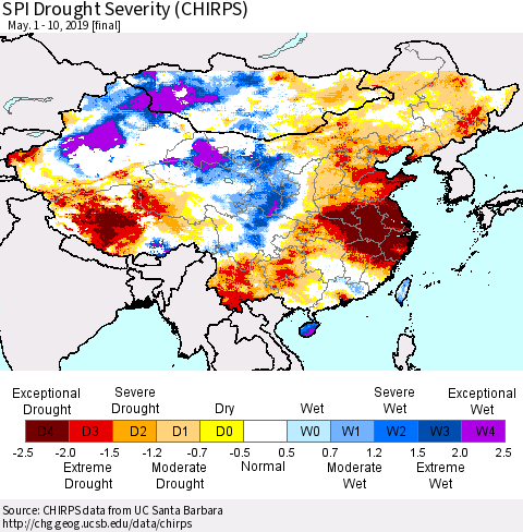 China and Taiwan SPI Drought Severity (CHIRPS) Thematic Map For 5/1/2019 - 5/10/2019