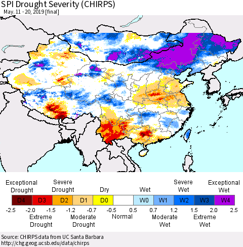 China and Taiwan SPI Drought Severity (CHIRPS) Thematic Map For 5/11/2019 - 5/20/2019