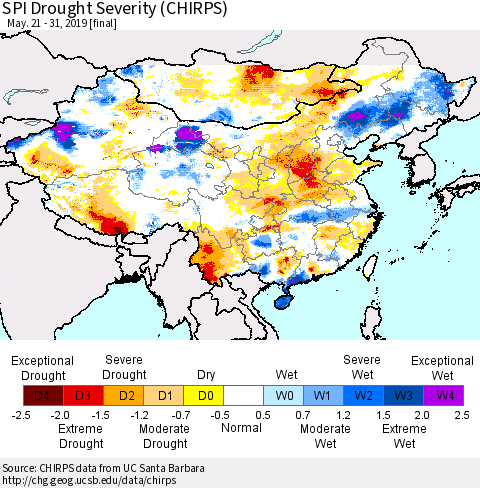 China, Mongolia and Taiwan SPI Drought Severity (CHIRPS) Thematic Map For 5/21/2019 - 5/31/2019