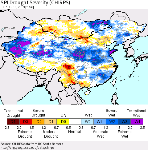 China, Mongolia and Taiwan SPI Drought Severity (CHIRPS) Thematic Map For 6/1/2019 - 6/10/2019