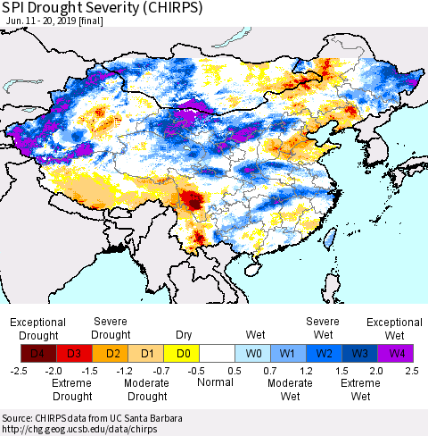 China and Taiwan SPI Drought Severity (CHIRPS) Thematic Map For 6/11/2019 - 6/20/2019