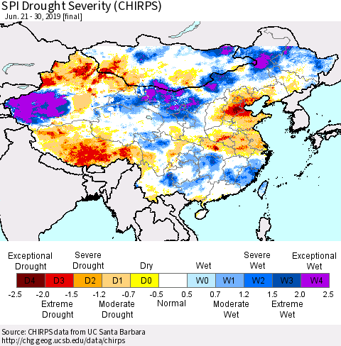 China and Taiwan SPI Drought Severity (CHIRPS) Thematic Map For 6/21/2019 - 6/30/2019
