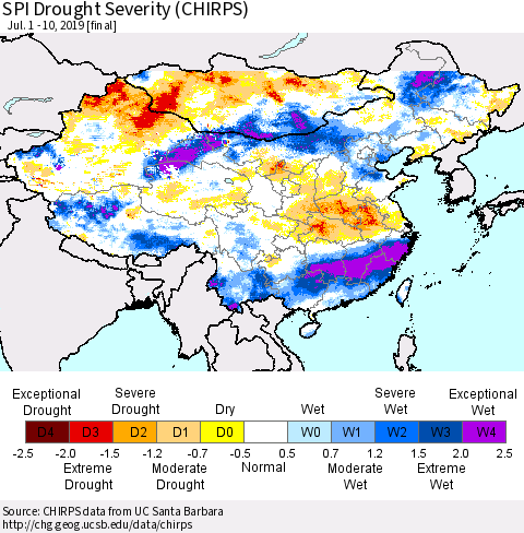 China, Mongolia and Taiwan SPI Drought Severity (CHIRPS) Thematic Map For 7/1/2019 - 7/10/2019