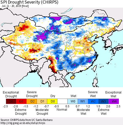 China and Taiwan SPI Drought Severity (CHIRPS) Thematic Map For 7/11/2019 - 7/20/2019