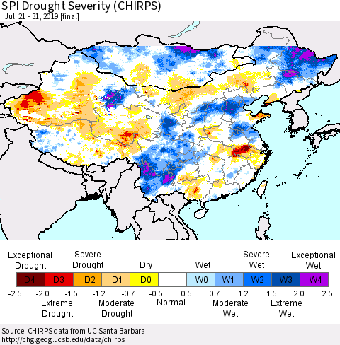 China and Taiwan SPI Drought Severity (CHIRPS) Thematic Map For 7/21/2019 - 7/31/2019