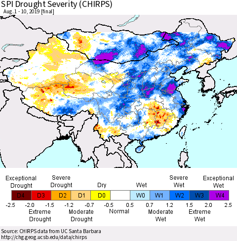 China, Mongolia and Taiwan SPI Drought Severity (CHIRPS) Thematic Map For 8/1/2019 - 8/10/2019