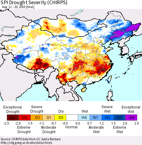 China and Taiwan SPI Drought Severity (CHIRPS) Thematic Map For 8/11/2019 - 8/20/2019