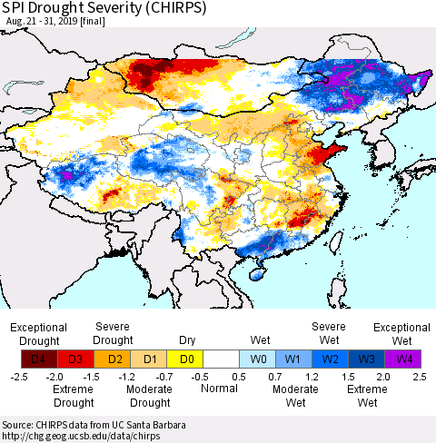 China and Taiwan SPI Drought Severity (CHIRPS) Thematic Map For 8/21/2019 - 8/31/2019