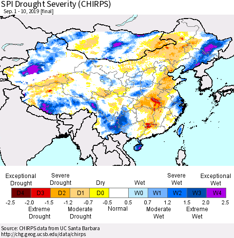 China and Taiwan SPI Drought Severity (CHIRPS) Thematic Map For 9/1/2019 - 9/10/2019