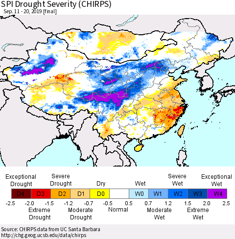 China and Taiwan SPI Drought Severity (CHIRPS) Thematic Map For 9/11/2019 - 9/20/2019