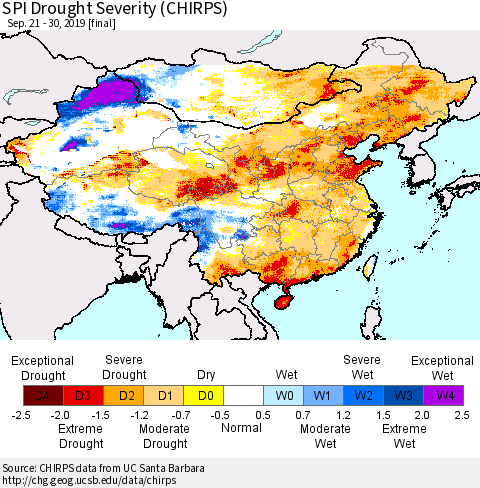 China and Taiwan SPI Drought Severity (CHIRPS) Thematic Map For 9/21/2019 - 9/30/2019