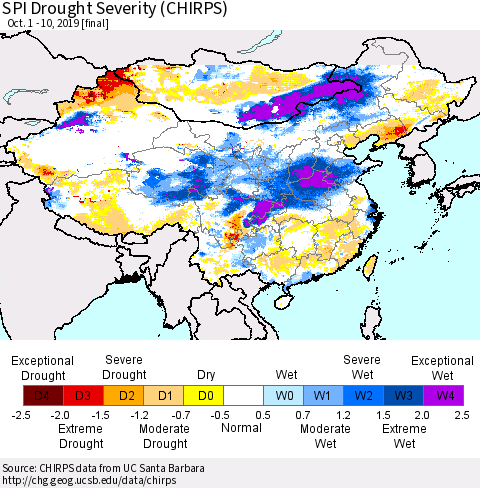 China, Mongolia and Taiwan SPI Drought Severity (CHIRPS) Thematic Map For 10/1/2019 - 10/10/2019