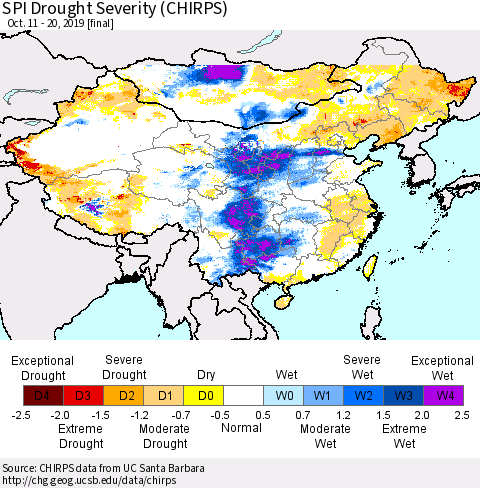 China and Taiwan SPI Drought Severity (CHIRPS) Thematic Map For 10/11/2019 - 10/20/2019
