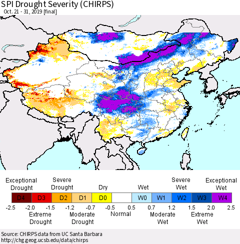 China and Taiwan SPI Drought Severity (CHIRPS) Thematic Map For 10/21/2019 - 10/31/2019