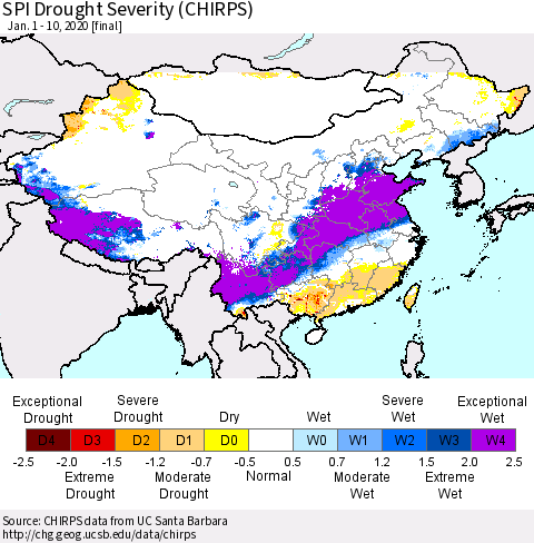 China, Mongolia and Taiwan SPI Drought Severity (CHIRPS) Thematic Map For 1/1/2020 - 1/10/2020