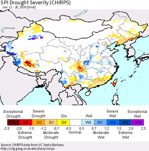China, Mongolia and Taiwan SPI Drought Severity (CHIRPS) Thematic Map For 1/11/2020 - 1/20/2020