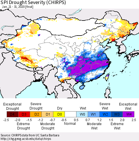 China, Mongolia and Taiwan SPI Drought Severity (CHIRPS) Thematic Map For 1/21/2020 - 1/31/2020