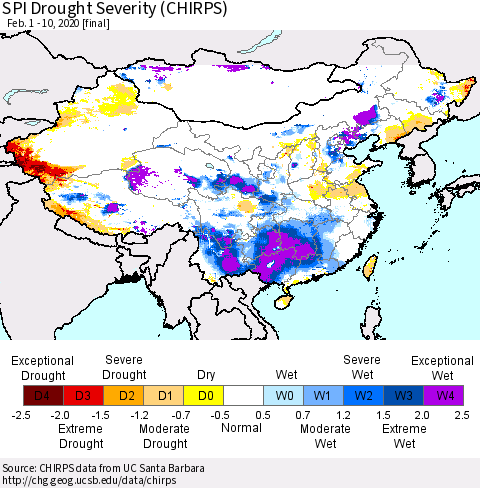 China, Mongolia and Taiwan SPI Drought Severity (CHIRPS) Thematic Map For 2/1/2020 - 2/10/2020