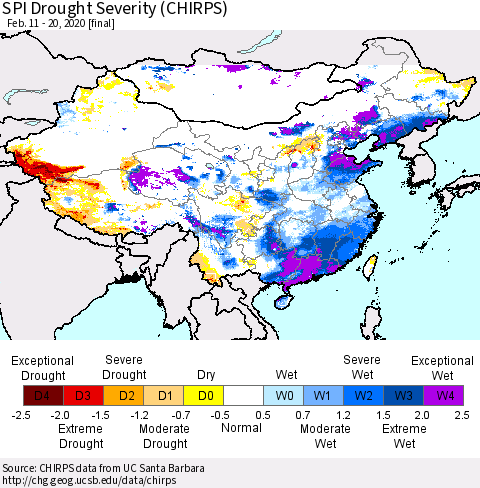China, Mongolia and Taiwan SPI Drought Severity (CHIRPS) Thematic Map For 2/11/2020 - 2/20/2020